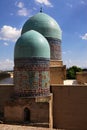 Memorial complex Shakhi-Zinda in Samarkand in Uzbekistan. The domes of the towers of the mosque. Tourism concept. 2 Royalty Free Stock Photo