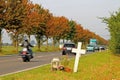 Cross on the roadside in memory of an accident Royalty Free Stock Photo