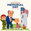 Memorial Day, adult man with children in military cemetery near grave with white monument to veteran, family boy and