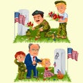 Memorial Day, adult man with children in military cemetery near grave with white monument to veteran, family boy and Royalty Free Stock Photo