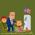 Memorial Day, adult man with children in military cemetery near grave with white monument to veteran, family boy and