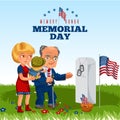 Memorial Day, adult man with children in military cemetery near grave with white monument to veteran, family boy and Royalty Free Stock Photo