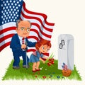 Memorial Day, adult man with children in military cemetery near grave with white monument to veteran, family boy and