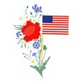 Memorial Day. American flag with with bouquet flowers red poppy, blue cornflowers and white chamomile. Vector Royalty Free Stock Photo