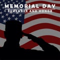 Memorial day background with saluting soldier, USA national flag and lettering. Template for Memorial Day design