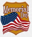 Memorial Day Badge with Shield Shape and Flag, Vector Illustration