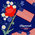 Memorial Day banner. American flags with bouquet flowers red poppy, cornflowers and chamomile on blue background. Vector Royalty Free Stock Photo