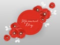 Memorial Day Banner with Red Paper Cut Poppy Flowers. Remembrance Day Poster with Symbol of Peace Poppies for Flyer, Brochure