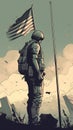 a memorial day card artwork of a soldier holding the us flag, sad artstyle, ai generated image