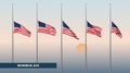 Memorial Day card. Flags USA at half-mast against the backdrop of the dawn sky.