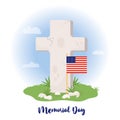 Memorial Day card. Grave cross with American flag and grass with stones. Veterans Military Cemetery. Vector illustration Royalty Free Stock Photo