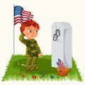 Memorial Day, childs on military cemetery,little boy in uniform salutes on grave war veteran, family children honoring Royalty Free Stock Photo