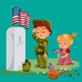 Memorial Day, childs on military cemetery, little girl and boy on grave war veteran, family children honoring memory