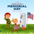 Memorial Day, childs on military cemetery, little girl and boy on grave war veteran, family children honoring memory