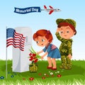 Memorial Day, childs on military cemetery, little girl and boy on grave war veteran, family children honoring memory