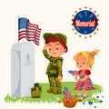Memorial Day, childs on military cemetery, little girl and boy on grave war veteran, family children honoring memory