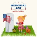 Memorial Day, childs on military cemetery, little girl lays flowers on grave war veteran, family children honoring