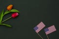 Memorial Day. Copy space on a green background with tulips and american flags. Veterans Day. American holiday