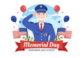Memorial Day Illustration with American Flag, Remember and Honor to Meritorious Soldier in Flat Cartoon Hand Drawn Templates
