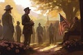 Memorial Day illustration. Design with American flags, soldiers and tombstones with generative ai Royalty Free Stock Photo