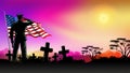 Memorial Day or Independence Day background, Soldier with tombstones and USA flag