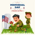 Memorial Day, man with children on military cemetery near grave with white monument to veteran, boy memory and remember