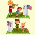 Memorial Day, mother with child on cemetery, little girl lays flowers on grave, family Wife with children honoring