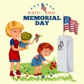 Memorial Day, mother with child cemetery, little girl lays flowers on grave war veteran, family Wife with children