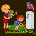 Memorial Day, mother with child cemetery, little girl lays flowers on grave war veteran, family Wife with children Royalty Free Stock Photo