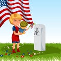 Memorial Day, mother with child cemetery, little girl lays flowers on grave war veteran, family Wife with children