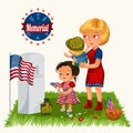 Memorial Day, mother with child cemetery, little girl lays flowers on grave war veteran, family Wife with children