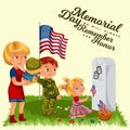 Memorial Day, mother with child cemetery, little girl lays flowers on grave war veteran, family Wife with children