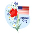 Memorial Day postcard. American flag with bouquet flowers red poppy, blue cornflowers and white chamomile. Vector Royalty Free Stock Photo