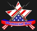 Memorial Day poster. Patriotic holiday banner with flag, veteran attributes like military and war signs and ammunition. USA