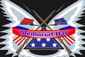 Memorial Day poster. Patriotic holiday banner with flag, veteran attributes like military and war signs and ammunition. USA