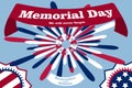 Memorial Day poster. Patriotic holiday banner with flags, fireworks in American traditional colors. USA national event card print.