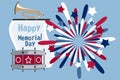 Memorial Day poster. Patriotic holiday banner with flags, fireworks in American traditional colors. USA national event card print. Royalty Free Stock Photo