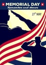 Memorial Day Poster Template. US Army Soldiers Saluting On American Flag Background. Vector Illustration