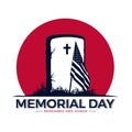 Memorial day remember and honor text Veterans Cemetery with American Flag sign and red sun background vector design Royalty Free Stock Photo