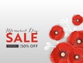Memorial Day Sale Banner with Red Paper Cut Poppy Flowers. Remembrance Day Discount Poster with Symbol of Peace Poppies