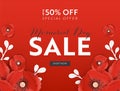 Memorial Day Sale Banner with Red Paper Cut Poppy Flowers. Remembrance Day Discount Poster with Symbol of Peace Poppies