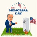 Memorial Day, senior man on military cemetery near grave with white monument to veteran, memory and remember war heroes Royalty Free Stock Photo