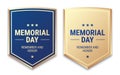 Memorial Day shield badges vector design, in blue and golden colors, isolated on white background
