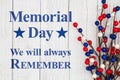 Memorial day text with red, white and blue berry spray Royalty Free Stock Photo