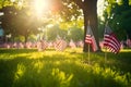 Memorial Day tribute. Many small American flags on a green lawn, neural network generated photorealistic image Royalty Free Stock Photo