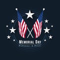 Memorial day for usa banner with Two Crossed American Flag on circle and silver stars on dark blue background vector design