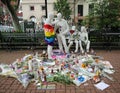 Memorial at Gay Liberation sculptures in Christopher Park for the victims of the mass shooting in Pulse Club, Orlando Royalty Free Stock Photo