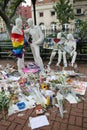 Memorial at Gay Liberation sculptures in Christopher Park for the victims of the mass shooting in Pulse Club, Orlando Royalty Free Stock Photo