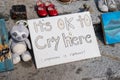 Memorial for Indigenous children which remains have been found near the city of Kamloops in May. A view of sign Its ok to cry here