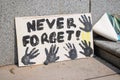 Memorial for Indigenous children which remains have been found near the city of Kamloops in May. A view of sign Never Forget in